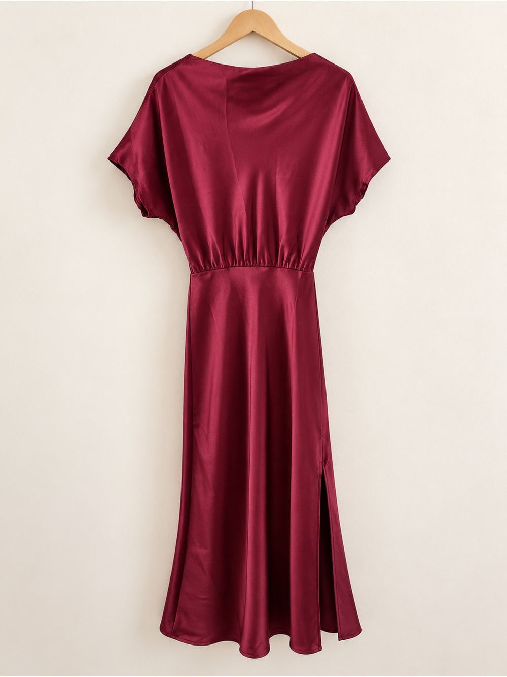 Burgundy Satin Blouson Maxi Dress Side Slit Size S Made in USA - Picture 3 of 11